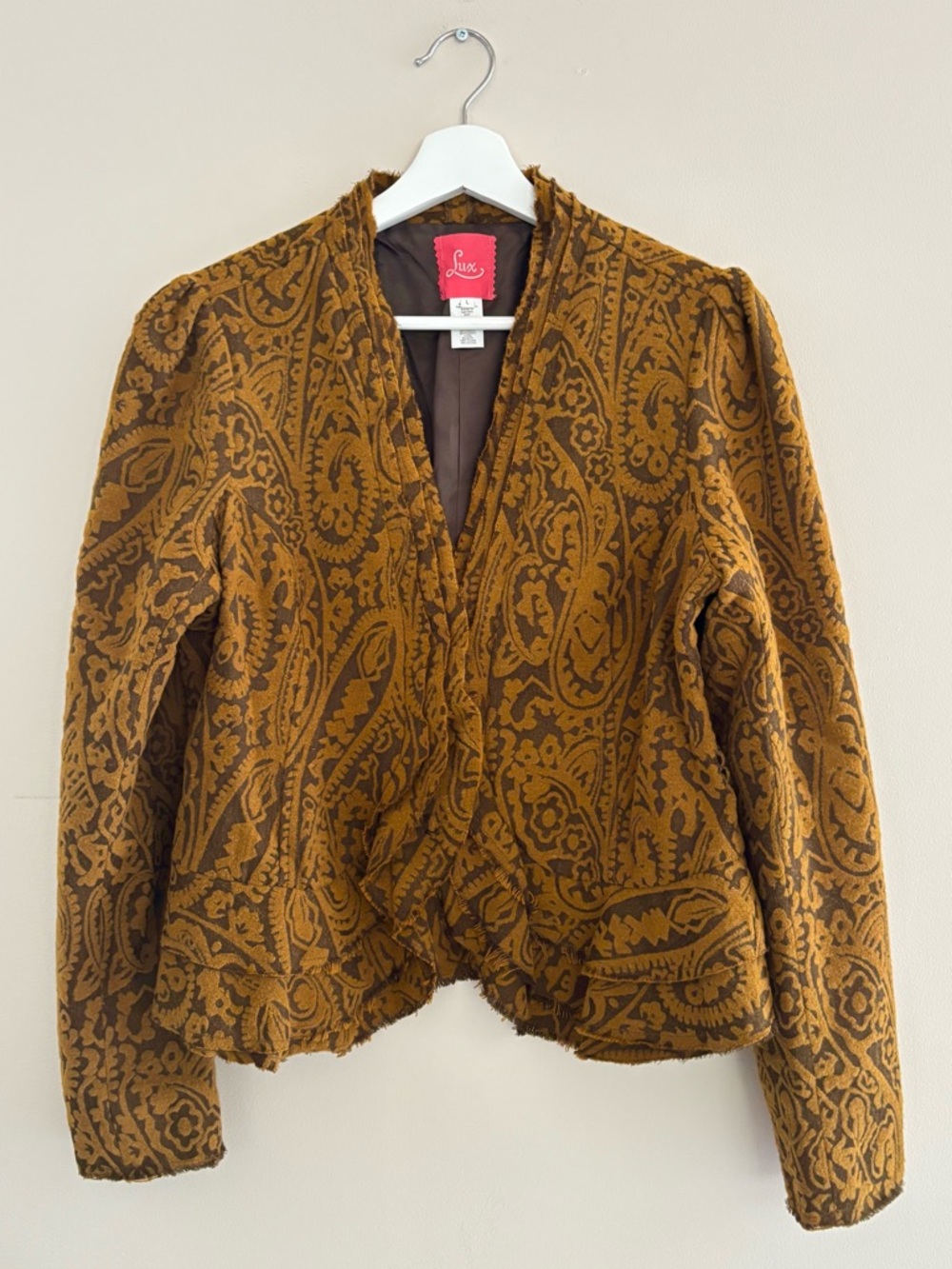 LUX Golden-Brown Paisley Brocade Blazer Size Large Boho Jacket Vintage-Style